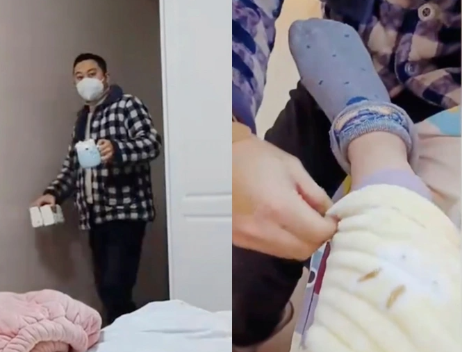 Người chồng cẩn thận chăm sóc vợ mắc Covid-19. Anh mang cơm, cháo cho cô và kiểm tra nhiệt độ trước khi cho cô ăn. (Ảnh: Baidu)